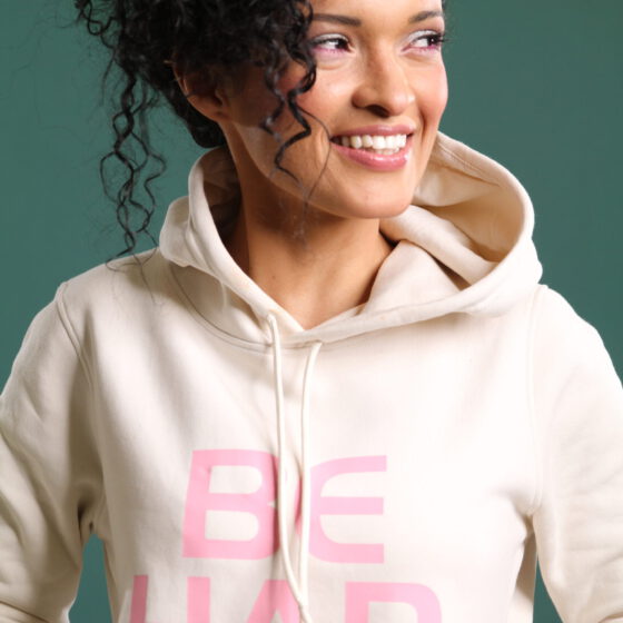 Hoodie BE HAPPY Weiß mit Rosa